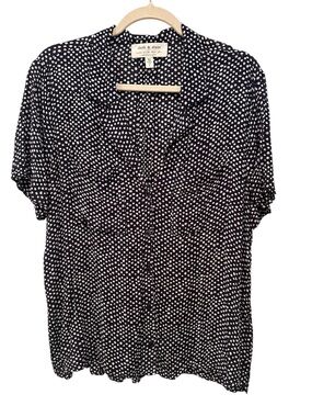 cloth & stone Navy and White Dot Short-Sleeve Blouse Top Lightweight Sz L